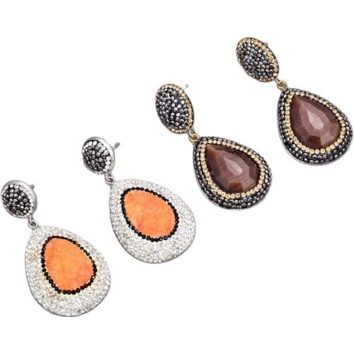 GG Jewelry White Pearl Druzy Quartz Crystal Brown Cats Eye CZ Paved Earrings