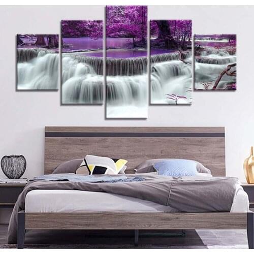 Canvas Wall Art Painting Waterfall Purple tree landscape Art Print Poster Wall Decoration Home Decor 5 Panel Picture