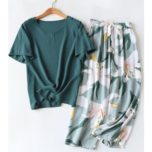 Summer Women Cotton 2PCS Pajamas Sets Sexy Short Sleeve T-Shirt Lady Pyjamas Suit Sleepwear Nightwear Casual Print Home Clothes