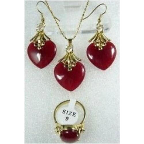 Nice Red jade Necklace Earrings Ring Set