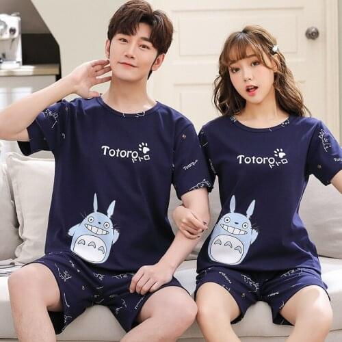 Fashion Cartoon Pullover Short Sleeve Pants Pajama Couples Lovers Jammies O-Neck Casual Sleepwear Nightwear Pyjamas 6535 Cotton