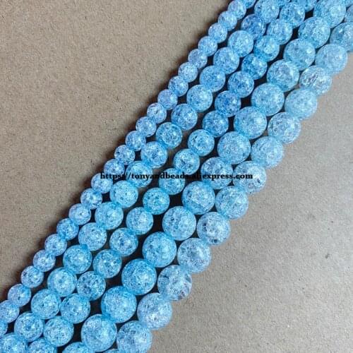 Natural Stone Light Blue Color Dyed Snow Cracked Crystal Round Loose Beads 15" 4 6 8 10 12MM Pick Size For Jewelry Making DIY