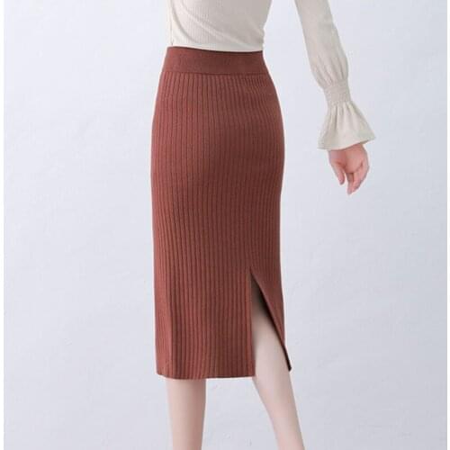 2021 New Mid-long Knitted Skirt Womens High waist One-step Skirt Autumn And Winter Hip Skirt Open-forked Elegant Skirts