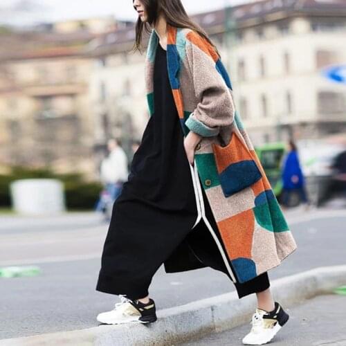 Autumn Winter Long Trench Coat British Style Printed Long-sleeved Loose Jackets Turndown Collar Warm Women Vintage Tops Clothing