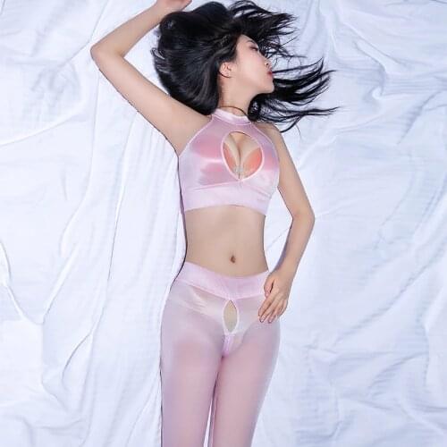 Nightclub Sex Party Pencil Open Crotch Pants Legging Pants Sexy Shiny Tight Tops See through Open Chest Thin Vest Two Piece Set