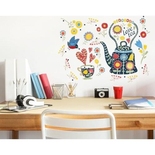 Creative Teapot Wall Stickers Flowers Bedroom Decor Poster Kitchen Sticker Home Office Decor Living Room Art Decals Wallpaper