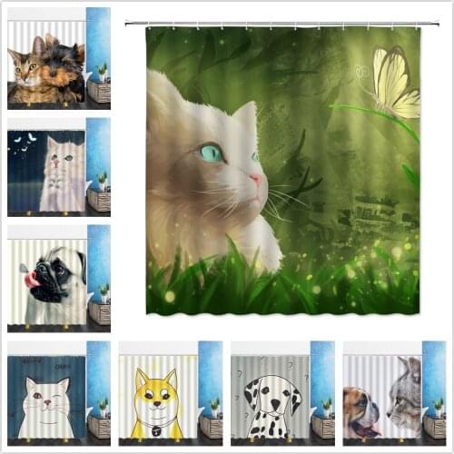Cartoons Animal Shower Curtains Cat Dog Butterfly Forest Landscape 3D Bathroom Home Decor Waterproof Polyester Cloth Curtain Set