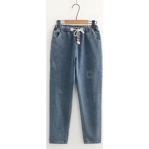 Women Jeans Pants 2020 Autumn Scratch Pattern Distressed Solid Color Jeans Elastic Waist Straight-leg Pants Casual Trousers