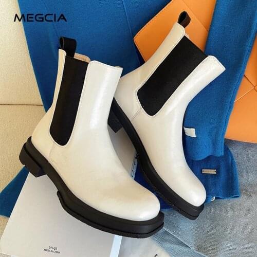 MEGCIA British Short Boots Autumn Women Flat Ankle Chelsea Boots Black White Boots Brown Leather Martin Shoes Designer Winter