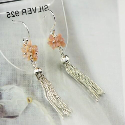 L&P Women Vintage Natural Shells Pendant Dangle Earrings 925 Sterling Sliver Cherry blossoms Dangle Earrings Jewelry Girl Gifts