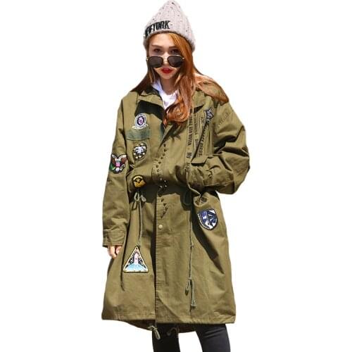 Spring Autumn New Women printed badge affixed cloth rivet Loose Trench Coat Female Long Section Windbreaker Frock Outerwear