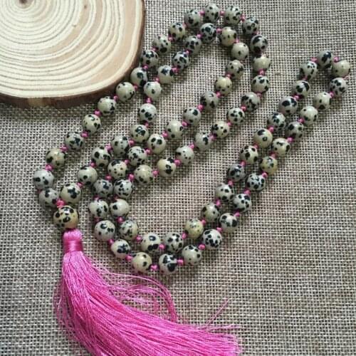 108 Mala Beads Necklace Dalmatian J-asper With Pink Tassel Mala Necklace Hand Knotted Tassel Meditation Mala Jewelry For Women