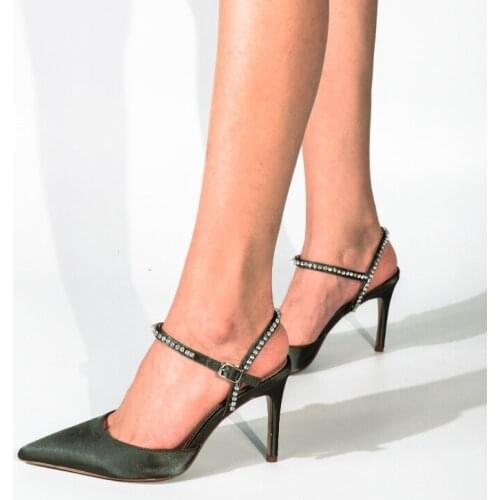 2021 Early Autumn New Pointed-Toe Retro Satin High Heels Green Dignified Rhinestone Stiletto Heel Pumps Women