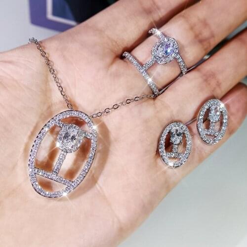 925 Silver Womens Three-piece Fashion Oval Shape Geometric Earrings Necklace Ring AAAA Shiny Zircon Bridal Jewelry Set