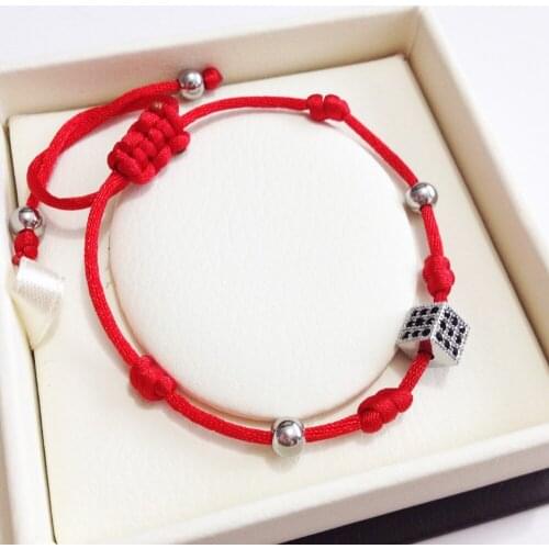 Charm Red String Handcrafted Macrame Bracelets Bangles Stainless Steel Tiny Cube Micro Pave Shiny Zircon Bead Bracelet Woman Man