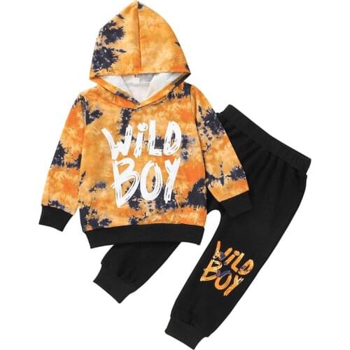 2021 1-6Y Casual Kids Baby Fall Clothing Set WILD BOY Letter Tie Dye Print Long Sleeve Hooded Sweatshirt+Long Pants 2pcs Outfits