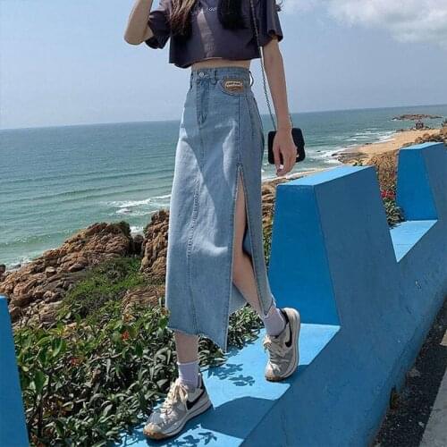 Hem Single Slits Zipper A-line High Waist Side Slit Denim Casual Long Skirt Female Summer 2021 New Thin Girl Bag Hip Ins Tide