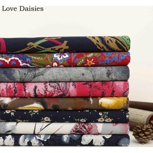 Cotton/Linen Ethnic DARK BLUE RED BROWN Ink Style Big Flower Daisy Jade Fabric for Cushion Curtain Home Decor Tablecloth Apparel