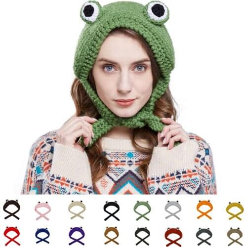 Cute Frog Hat Knitted Plush Froggy Warm Winter Kawaii Beanies for Women Funny Adult Gift Crochet Hip-hop Slouchy Skullies Cap