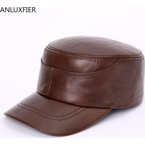 H7002 Mens Leather Hat Autumn Winter Cowhide Outdoor Warm Cap Middle-aged Elderly Male Genuine Leather Fashionable Casual Hats