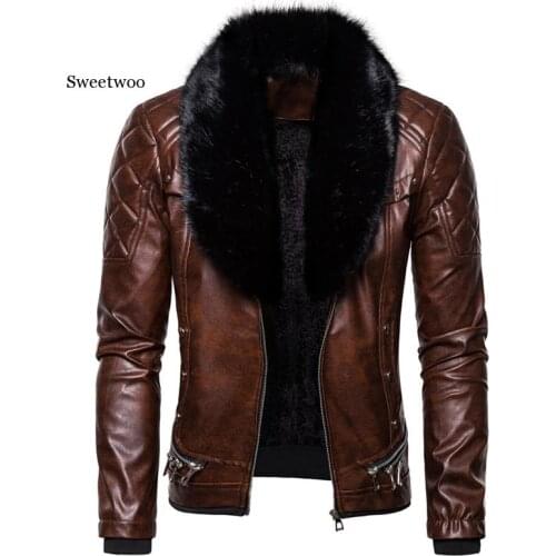 New Mens Biker Leather Jacket Fur Collar Detachable Faux Leather Motocycle Jackets Coats Casual PU Jacket