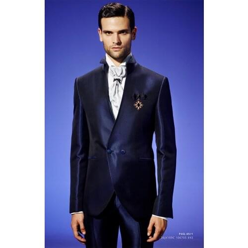 Latest Coat Pant Designs Dark Blue Satin Men Suit Double Breasted Slim Fit 2 Piece Italian Tuxedo Custom Prom Blazer Masculino