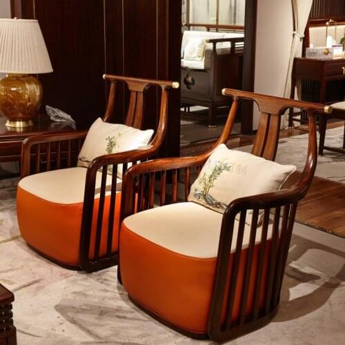 TT Custom New Chinese Genuine Leather Single-Seat Sofa Chair Solid Wood Living Room round-Backed Armchair Bedroom Balcony