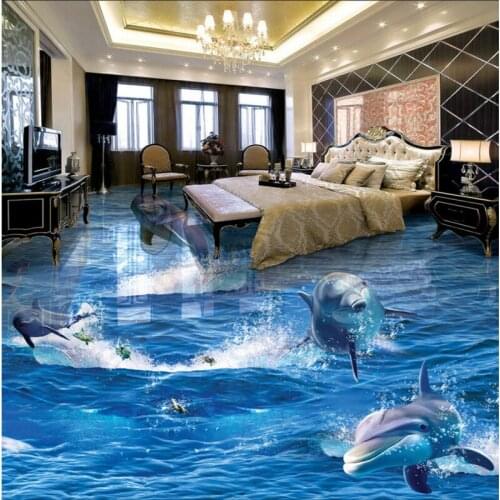 Custom floor painting 3d wallpaper Dolphin rushed out of the water Ocean world 3D three-dimensional bathroom living room floor