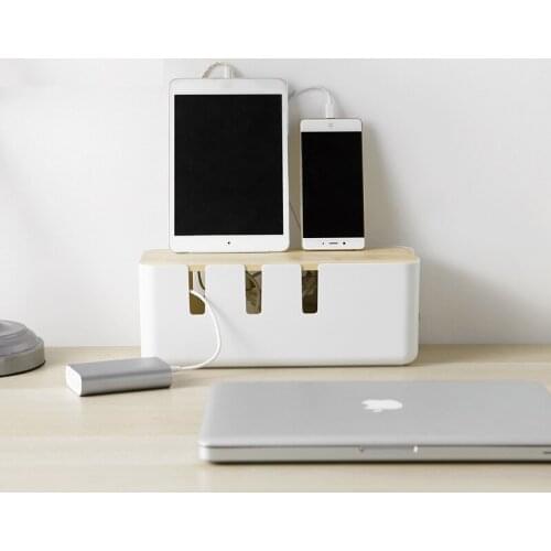 Simple Oak Cover Hollow Cooling Socket Power Cord Storage Box Safety Charging Cable Storage Organizer Wood Desk Organizer
