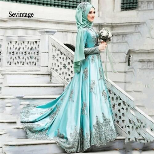 Sevintage Moroccan Kaftan Long Sleeves Prom Dresses with Scarft Muslim Dubai Lace Appliques Beaded Evening Gowns Abendkleider