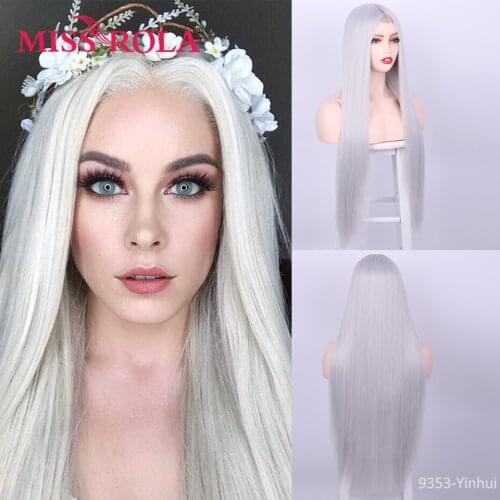 MISS ROLA Synthetic High Temperature Filament Long Straight Hair Waist Length Granny Grey Wig