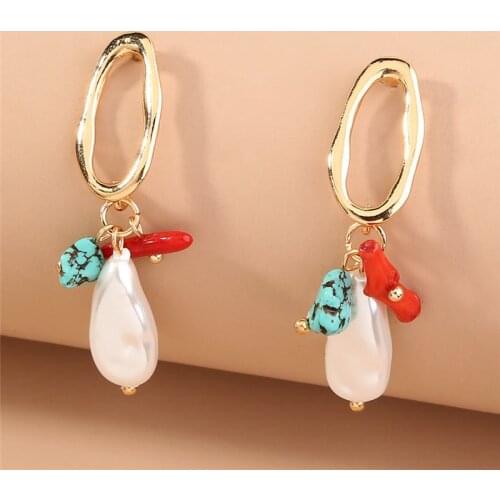 Unique Vintage Irregular Design Coral Stone Earring For Women Gold Color Stud Earring Womens Jewelry Accessories