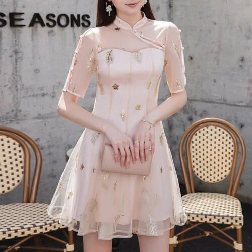 YIGELILA New Arrival Women Short Cheongsam Dress Elegant Stand Neck Mesh Embroidery Dress Empire Slim Knee-length Dress 65799