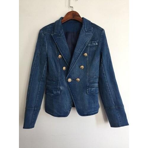 HIGH QUALITY Denim Jacket Women Autumn Winter Double breasted Lion Button buckle Wash Water Denim Coat Womens Blazer Jackets