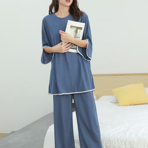 Plus Size Women Pajamas Two-piece Short-sleeved Pijamas Solid Cotton Sleepwear Round Neck Loungewear Wide-leg Pants Home Clothes