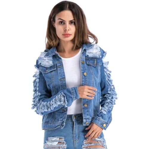 Woman Oversize Blue Denim Short Jacket Coat Feminine Sexy Tassel Vintage Slit Hole Turn-down Collar Plus Size Top Jeans Outwear