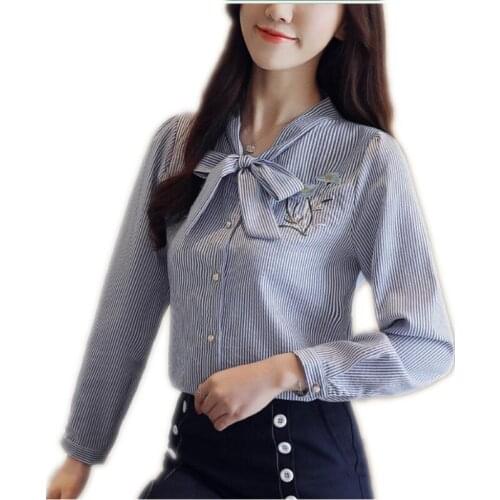 Embroidery Flowers Women Spring Blouse 2019 Autumn Women Short Striped Shirts Button Office Lady Button V-Necl Bow Blouses Q1201