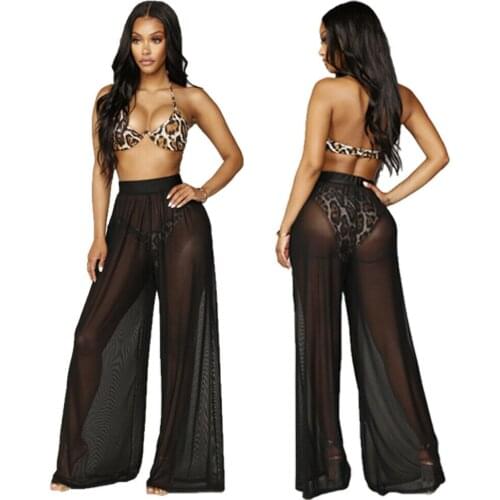 Women Beach Mesh Pants Sheer Wide Leg Pants Transparent See through Sea Holiday Cover Up Bikini Trouser Pantalon 2019 New