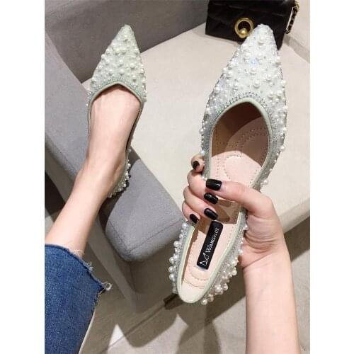 Rhinestone womens shoes 2020 autumn new single shoes fashion wild pearl flat pointed pointed scoop shoes