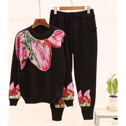 Flower Sequined 2 Piece Set Women Long Sleeved Knitted Sweater Pullover + Long Casual Pant Suit Sports Matching Set Tracksuit