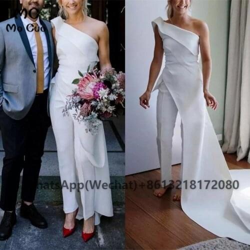 2021 Jumpsuit One Shoulder Wedding Dresses with Long Train Outfit Pleated Ruched Outdoor Wedding Bridal Gowns