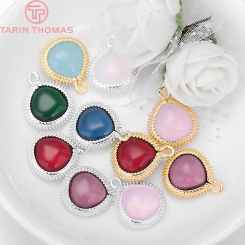 4PCS 16x20MM 24K Champagne Gold Color or Silver Color Brass with Heart Colourful Glass Beads Charms Pendants Quality Accessories