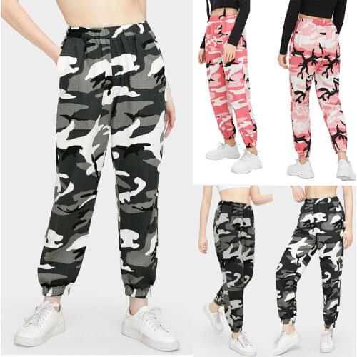 Hot Womens Camouflage Pants Cargo Camo Military Loose Elastic Waist Long Trousers Ladies Fashion Sport Casual Street Hip Hop