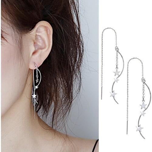 Classic Female Pendientes 925 Sterling Silver Stackable Star Wave Long Tassel Chain Earrings for Women Fashion Statement Bijoux