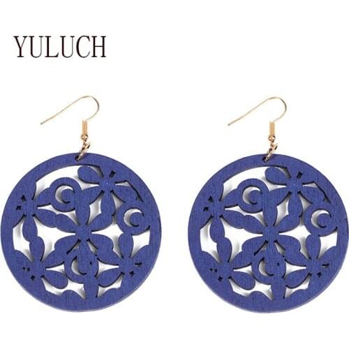 YULUCH Round wood earrings women carved flower hollow pendant jewelry for girls multicolor art retro accessories woman earring