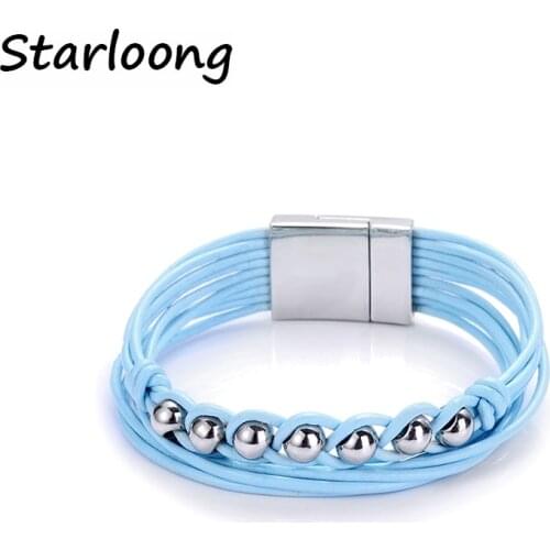 New Trendy ccb Spacer Beads Multi-layer Geniune Leather Cord Magnetic Clasp Wrap Strand Braided Bracelets Bangles Women and Men