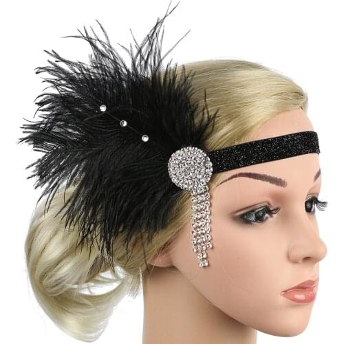1920s Flapper Headpiece Roaring 20s Great Gatsby Feather Headband Black Crystal Tassel Beaded Fancy Dress Hair Accessories