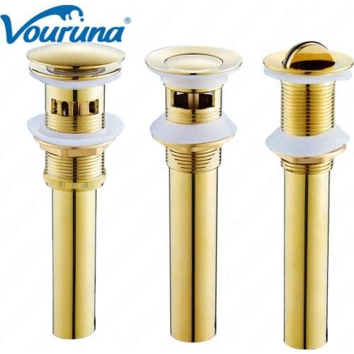 Vouruna Luxurious Golden Slotted Clicker Waste Pop Up Drain Flip Basin Drainers Solid Brass Push Plug Drainer