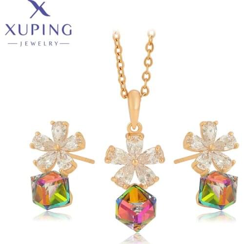 Xuping Jewelry New Arrival Square Crystals Earrings and Necklace Sets for Women Luxury Party Girl Gift