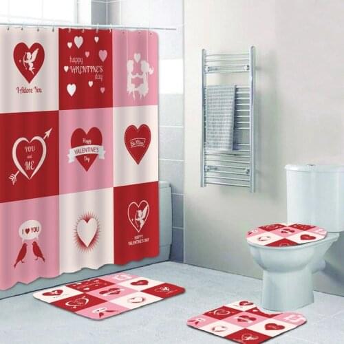 Red Love Pattern Shower Curtain Set Waterproof Bathing Bathroom Pedestal Rug Lid Carpet Toilet Cover Decor Home
